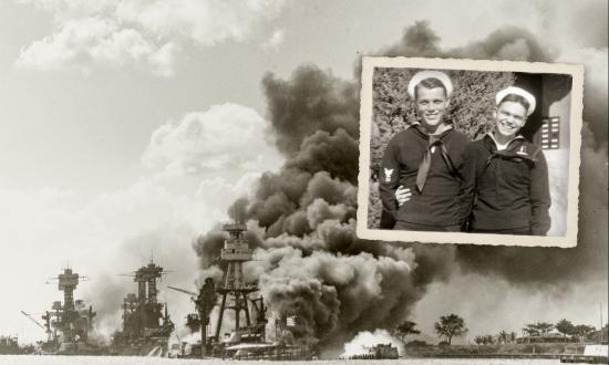 Photo of Boatswain’s Mate First Class Francis Morse (left) and his brother Watertender Second Class Norman Morse overlaid on scene of the Arizona burning at Pearl Harbor