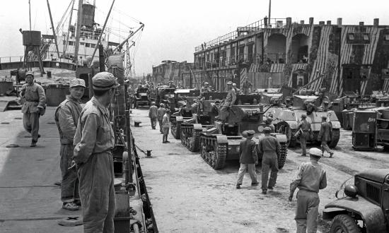 Soldiers prepare U.S.-made tanks for the Nationalist retreat to Taiwan during the 1949 Civil War.