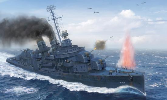 The legendary Fletcher-class destroyer USS Johnston (DD-557) heads into the teeth of the superior Japanese force at the Battle off Samar, 25 October 1944. 