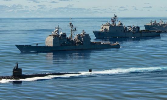 The USS Chicago (SSN-721, front) proceeds on the surface with the USS Shiloh (CG-67) and Comstock (LSD-45) and USNS Charles Drew (T-AKE-10) during operation Valiant Shield 2020. The theater undersea warfare commander is the best command-and-control structure to maintain undersea domain awareness and ensure deterrence against near-peer submarines.