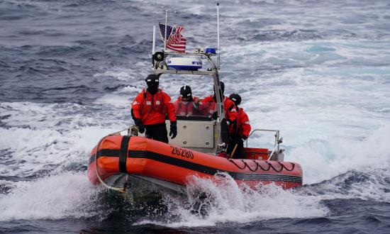 A U.S. Coast Guard Cutter Tahoma (WMEC-908) boat crew participates in a search-and-rescue exercise off Greenland.