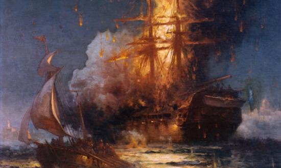 The frigate USS Philadelphia burns in Tripoli Harbor during the First Barbary War