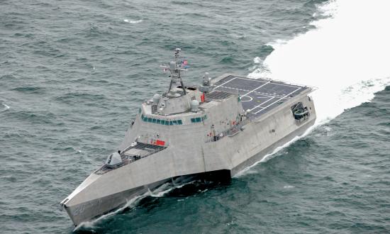 Aerial oblique port bow view of the USS Cincinnati (LCS-20) underway