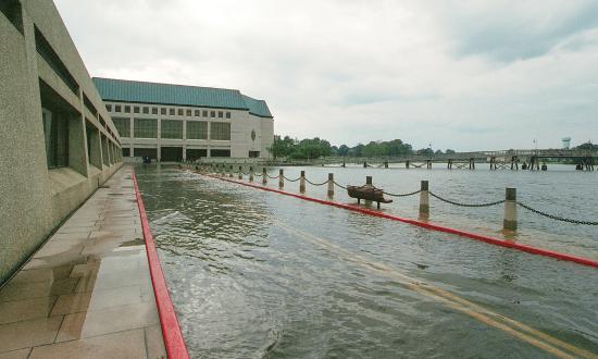 Flooding outside Nimitz Library during Hurricane Isabel in 2003