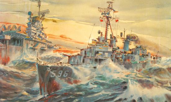 Painting of USS Shields (DD-596) speeding through the battle group protecting the Coral Sea (CV-43)