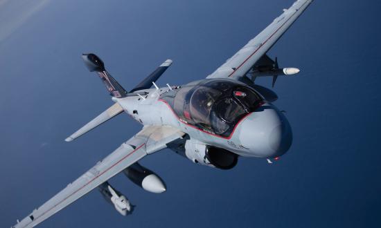  U.S. Marine Corps EA-6B Prowler assigned to Marine Tactical Electronic Warfare Squadron (VMAQ) 2, flies off the coast of North Carolina, Feb 28, 2019