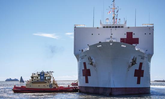 The USNS Mercy (T-AH-19) steams from San Diego in late March.