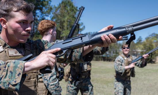 Marines from the 2d Low-Altitude Air-Defense Battalion, Marine Air Control Group 28, 2d Marine Aircraft Wing, practice with M1014 shotguns to develop capabilities in counter–unmanned aircraft systems operations.