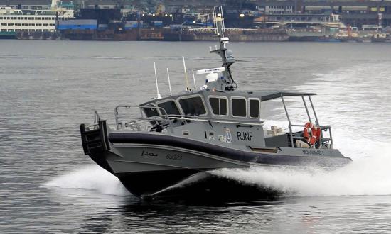 Port bow view of a Jordanian response boat-medium underway