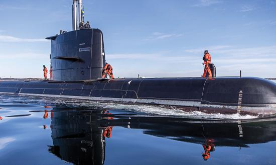 The Swedish submarine Gotland on sea trials following her 2018 modernization.