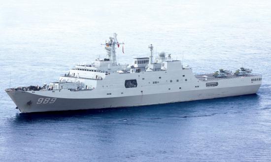 The Yuzhao-class (Type 071) amphibious transport dock Changbaishan, with two Z-8 helicopters on the flight deck.