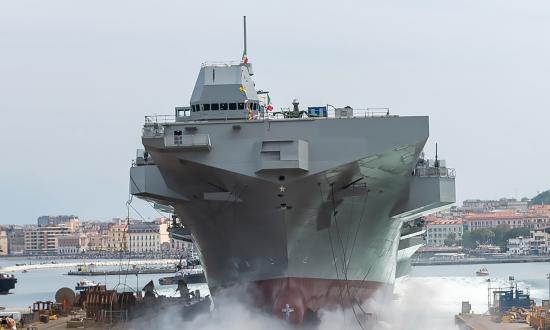 Italian amphibious assault ship Triest launching at Stabia, Italy