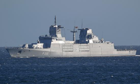 Surface port bow view of the German frigate Baden-Württemberg underway