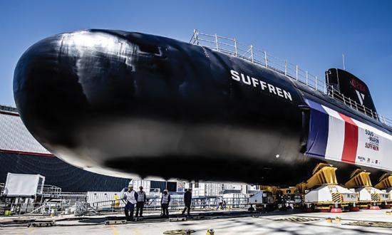 Port bow view of the French nuclear-powered attack submarine Suffren on the builder's ways