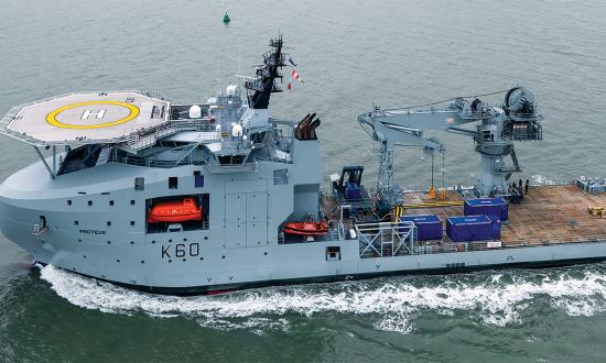The Royal Fleet Auxiliary Proteus protects critical underwater infrastructure and serves as a mothership for remotely operated and autonomous unmanned underwater vehicles.  