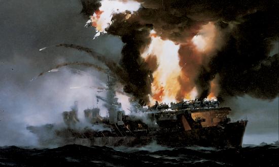 Painting of a surface starboard bow view of the attack on USS Princeton by R.G. Smith