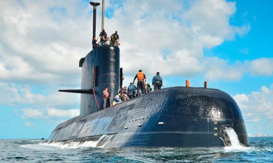 Surface port bow view of the Argentine submarine ARA San Juan