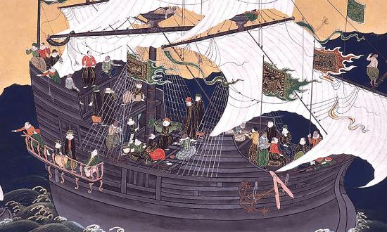 Japanese depiction of a Portuguese carrack—the type of trading vessel that brought goods, guns, and Western religion to Japan and was at the center of the October 1565 Battle of Fukuda Bay.