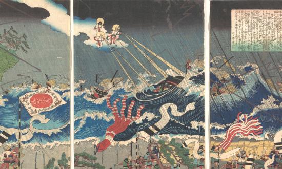The great Mongol fleet invading Japan in 1281 was thwarted by well-built coastal fortifications, fierce-fighting samurai warriors in small boats—and the timely arrival of a deadly typhoon.