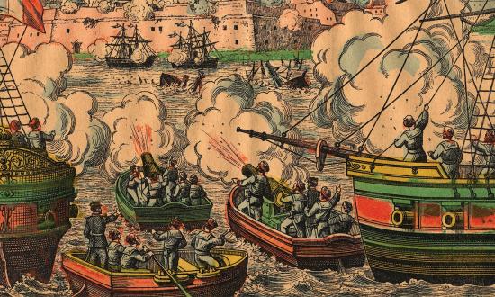 After the utter destruction of the Chinese fleet, the French Far East Squadron proceeds to bombard the Foochow arsenal.