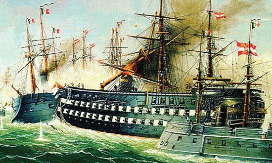Fortune favors the bold: The wooden-hulled Austrian ship-of-the-line Kaiser rams the Italian ironclad Re di Portogallo during the July 1866 Battle of Lissa.