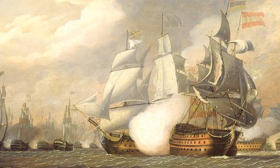 The British flagship HMS Victory rakes the stern of the Salvador del Mundo with a withering broadside during the 1797 Battle of Cape St. Vincent.