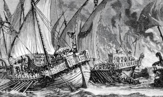 The powerful Byzantine fleet unexpectedly meets its match at the Battle of the Masts in 655 AD.