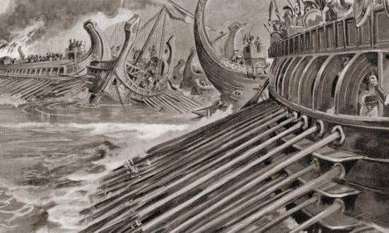 Having lulled the Athenian fleet into unguardedness with a cunning psychological ploy, Lysander proceeds to annihilate it at the 405 BC Battle of Aegospotami.