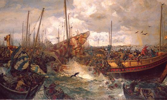 Viking fleets of Norway, Denmark, and Sweden clashed in the fierce Battle of Svolder in the year 1000.