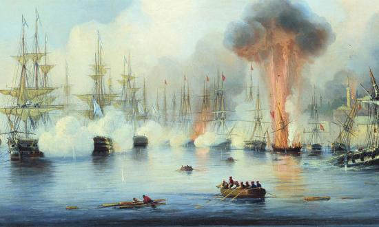Armed with Paixhans guns loaded with explosive shells, the Russian squadron (left) blasts its way past Turkish ships at the November 1853 Battle of Sinope.