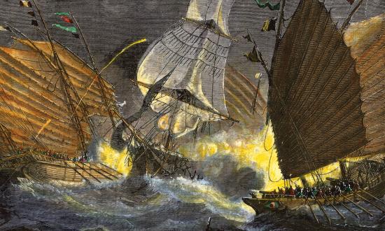 Perilous coast: Chinese pirate junks gang up on an unfortunate merchant ship.