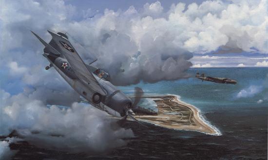 An F4F-3 Wildcat of Marine Fighting Squadron (VMF) 211 circles around to attack a Japanese G3M2 bomber, in Marcus W. Stewart Jr.’s painting Cat and Mouse over Wake.