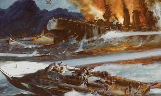 January 1942: With the Philippines heating up in the face of the unstoppable Japanese invasion, Lieutenant John D. Bulkeley’s PT-34 torpedoes a Japanese ship in Binanga Bay.