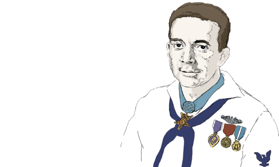 Drawing of William Richard Charette in Navy whites wearing his Medal of Honor