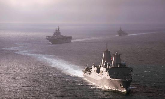 USS San Diego (LPD-22) leading the America Amphibious Ready Group off the coast of Southern California.