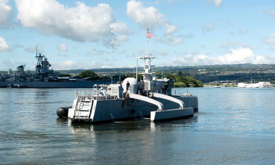 The medium displacement unmanned surface vehicle (MDUSV) prototype Sea Hunter pulls into Joint Base Pearl Harbor-Hickam, Hawaii, Oct. 31, 2018
