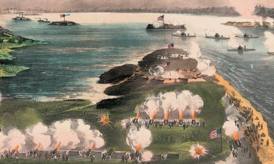 t the entrance to Charleston Harbor in August 1863, heavy artillery pounds Confederate-held Fort Wagner, while ironclads fire on Fort Sumter. 