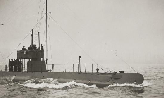  The USS E-1 (SS-24) during the naval review in New York Harbor, October 1912. Future Fleet Admiral Chester Nimitz commanded the E-1 (formerly the Skipjack) from February to May of that year, and she later served as his flagship when he was commander, Second Group, Atlantic Submarine Flotilla.