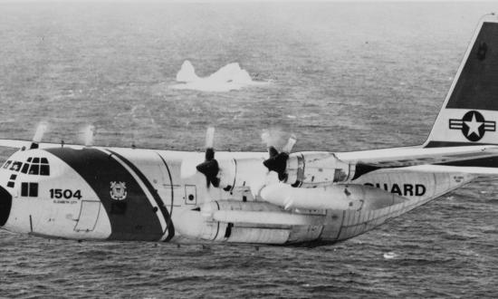 A U.S. Coast Guard HC-130 Hercules on an International Ice Patrol mission over the North Atlantic. After the sinking of the Titanic, the patrol was begun to locate icebergs and ice fields in the shipping lanes.