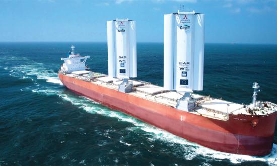 The Pyxis Ocean on its maiden voyage in August 2023. Originally an exclusively diesel-powered ship, she was retrofitted with WindWings—large rigid sails—which allow the ship to burn an average of 3 tons less fuel per day.