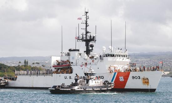 The USCGC Harriet Lane (WMEC-903) returns to Pearl Harbor in April 2024 after a 79-day Operation Blue Pacific patrol. Extended operations in international and foreign waters compete with domestic missions for a share of the service’s budget. 