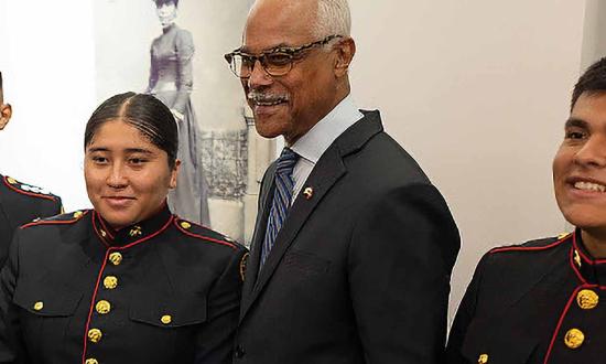 Retired Marine Major General Leo V. WIlliams III with JROTC students. In 1970, Williams became the first Black Naval Academy graduate from Virginia. Nominated by a congressman from Detroit after his application was rejected by Virginia’s congressional delegation, he told NPR Senator John Stennis was responsible for holding back a generation of Black leaders.