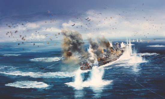 On 7 April 1945, U.S. carrier planes swarm over the explosion-engulfed Yamato and Yahagi (background) in artist John Hamilton's depiction of the Japanese warships' final battle. 