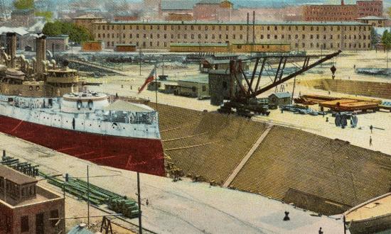 USS Indiana in dry dock