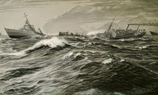  A destroyer leads transports through heavy seas in Lieutenant Commander Griffith Baily Coale’s Convoy off Iceland—Increasing Gale. Coale’s first assignment as a U.S. Navy combat artist was in the North Atlantic.