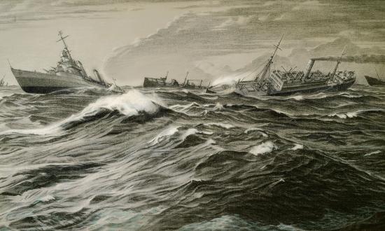  A destroyer leads transports through heavy seas in Lieutenant Commander Griffith Baily Coale’s Convoy off Iceland—Increasing Gale. Coale’s first assignment as a U.S. Navy combat artist was in the North Atlantic.