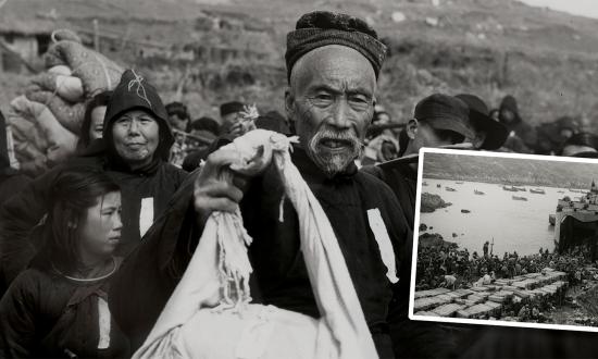 Civilians laden with their earthly possessions flee their homes and make for the landing beaches to be transported from the Communist-bombed Dachen Islands to Formosa (Taiwan) by the U.S. Seventh Fleet, 7 February 1955. Right: Chinese Nationalist soldiers load ammo aboard the USS Ford County (LST-772) as evacuation operations continue.