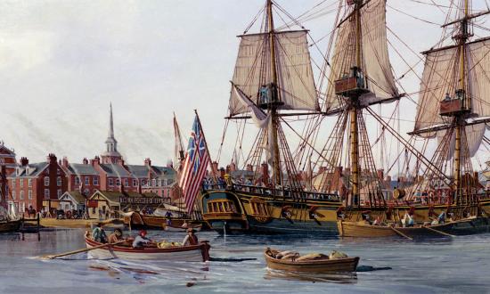 First ship of the Continental Navy:  The 24-gun frigate Alfred (center), formerly the merchantman Black Prince,  is placed in commission at Philadelphia on 3 December 1775. Raising the Grand Union flag to mark the occasion is a certain lieutenant named John Paul Jones.