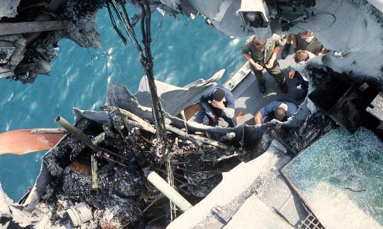 A close-up view of damage to Stark after it was struck by an Iraqi-launched Exocet missile
