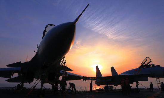 J-15 fighters on the deck of the Chinese aircraft carrier Liaoning.